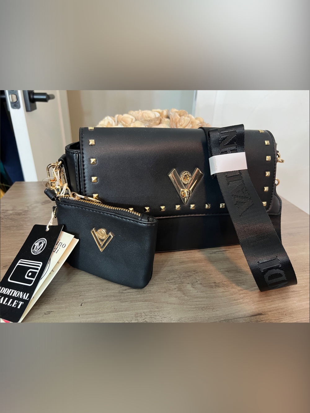 Valentino Orlandi Black Leather Crossbody with Gold Studs and Coin Pouch